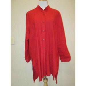Ralston Design Tunic Top Blouse Lagenlook L/S Red Button Front Linen Size XL